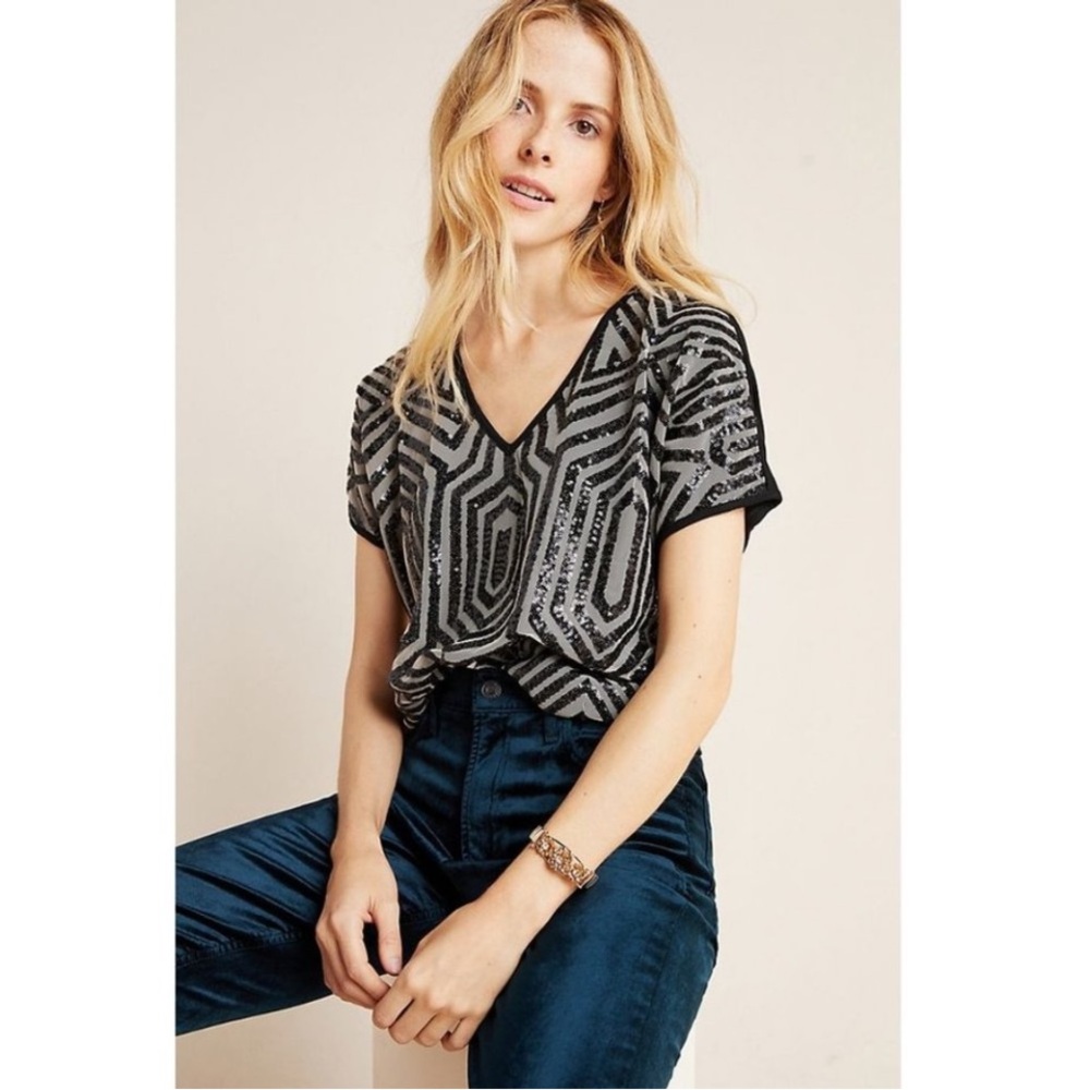Anthropologie Porridge Sequin Geometric Top – Black – XS – NWT
